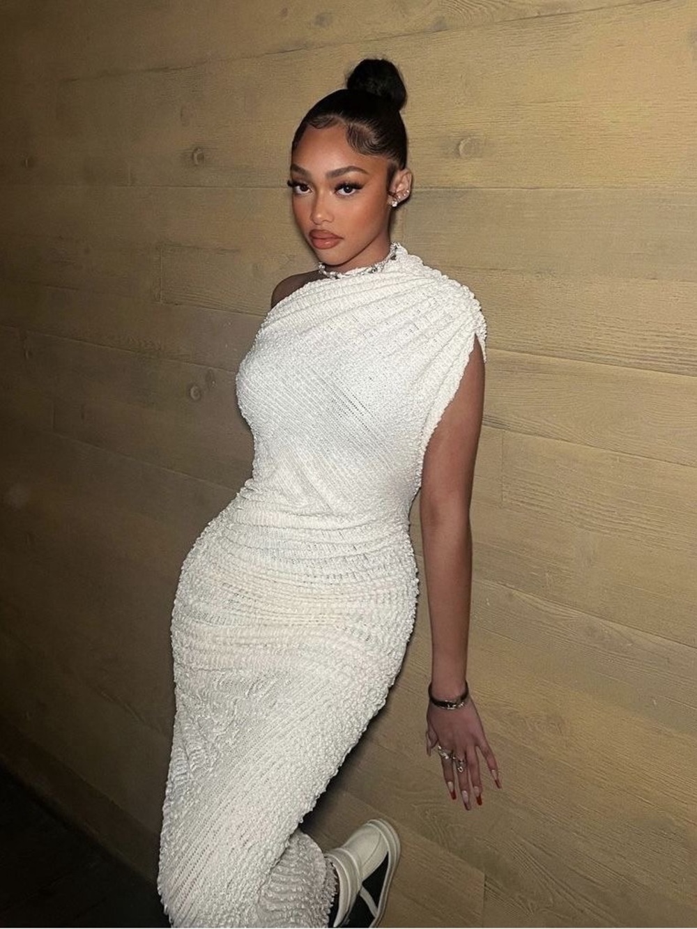One-Shoulder Ivory Textured Midi Dress